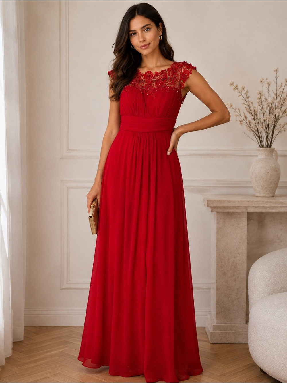 Ever Pretty Red Lace-Embellished Maxi Dress
